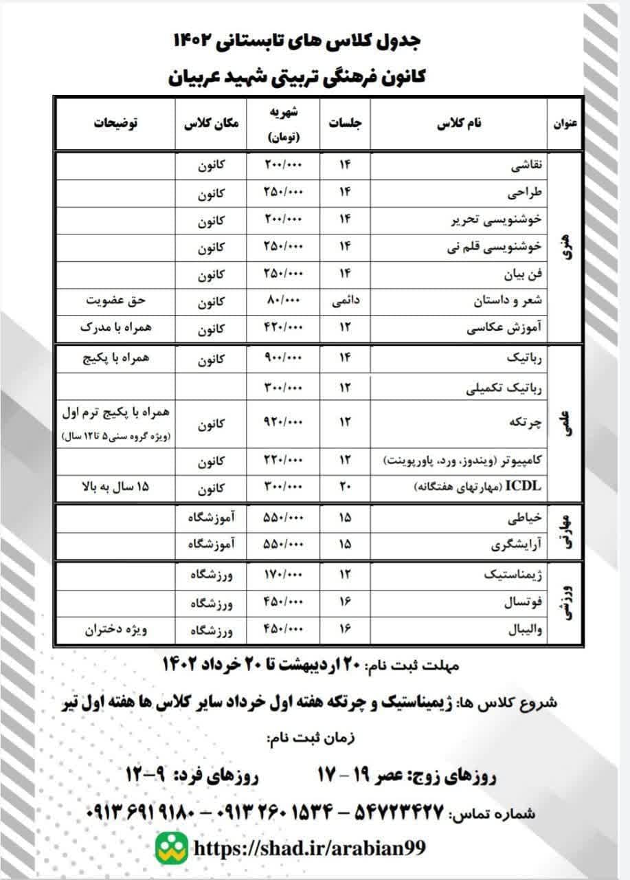  کلاس های تابستانی در چهاردسته هنری،علمی،مهارتی و ورزشی